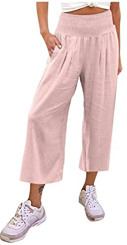 Leichte Hosen Damen Sommer, Yoga Hosen Damen Arabische Kleidung Damen Damen Casual Loose High Waist Cotton Linen Wide Leg Long Hosen Mit Tasche 2000Er Style Hosen Damen Yogahose (Rosa,3XL)