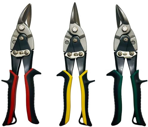 Bizzbrite Luftfahrt-Blechschere mit Chrom-Vanadium-Stahlklingen, gerade, links und rechts Schneideoptionen, und verbessertem TyreGrip-Griff für optimalen Komfort und Sicherheit, 3er-Pack