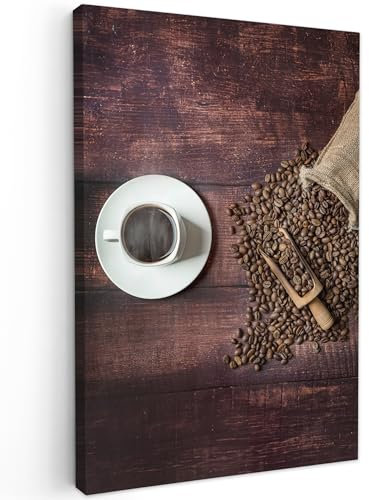 MuchoWow© Bild auf Leinwand Groß 80x120 cm XXL Schlafzimmer Bilder Wand Deko Wohnzimmer Modern Wanddeko Bilderwand Geschenk Kaffee - Kaffeebohnen - Küche - Holz - Beutel