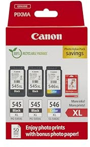 Canon Tintenpatronen & Papier-Multipack - PG-545XL/CL-546XL Original Druckerpatronen mit hoher Reichweite 3er Pack (2 x Schwarz, 1 x Farbe) & 4x6 Fotopapier (50 Blatt)