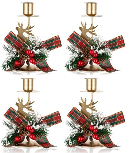 Romadedi Hirsch Kerzenständer Weihnachten Deko - 4er Set Vintage Rentier Kerzenhalter für Tischdeko Dekoration Adventskranz Landhausstil Tisch Weihnachtsdeko Weihnachts Geschenk Herbst, Gold