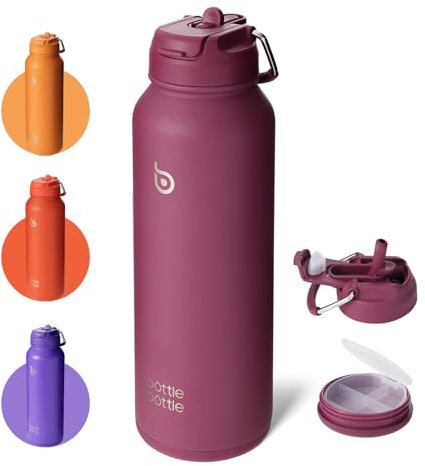 bottlebottle BOTTLE BOTTLE Sport-Trinkflasche, Edelstahl, isoliert, mit Strohhalm und Pillenhalter, 1l (Rot)