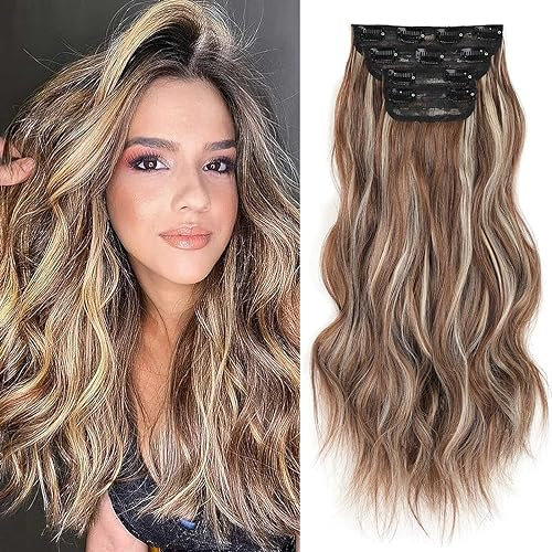 Xtrend 16Inch Wavy Hair Extensions Clip in Hair Extensions Synthetic Hair pieces for Women Girls 4PCS Full Head Set Thick Curly Wavy Synthetic Hair Extensions(128H129)…