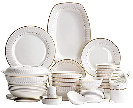 50 pz. Servizio cena, servizio da tavola in porcellana bianca Bone China con piatti rotondi da dessert Piatti da zuppa Piatti da tavola Ciotole Stoviglie Servizio da 10 persone con bordo dorato