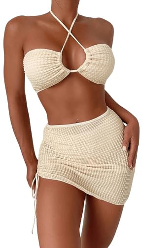 GORGLITTER Bikini Damen Set Neckholder High Waist Bikini Set Mit Rock Sexy Bikini 3 Teilig Bikini Mit Kreuzgurt Beige L