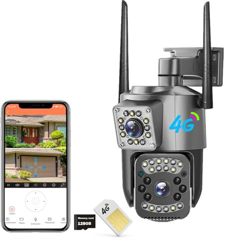 4G Caméras Surveillance Extérieure HD avec Carte SIM et SD 128G, Double Objectif Carte Sim Camera, PTZ 355°/90°, Vision Nocturne Couleur, Détection Humaine PIR, Alarme Sonore/Lumineuse, IP66