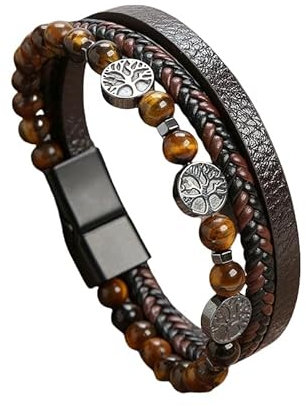 HOPWODE Bracelet Homme Cuir,Bracelet Arbre de Vie pour Homme, Bracelet en Cuir Véritable Tressé Multicouche Marron avec Fermoir Magnétique Noir, Bracelets Réglables en Perles de Pierre Œil de T