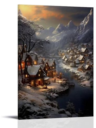 Kunstdruck auf Leinwand, modernes Winterdorf, Vintage-Haus, Fluss, schneebedeckte Aussicht, Gemälde für Wohnzimmer, Schlafzimmer, Büro, Heimdekoration, gespannt und gerahmt, Kunstwerk, fertig zum
