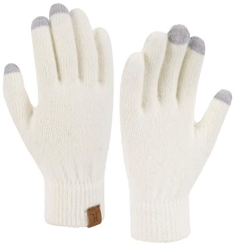 Bequemer Laden Touchscreen Handschuhe Damen Winter Warm Winterhandschuhe Strickhandschuhe mit Elastisch Manschette Frauen Geschenk, Weiß