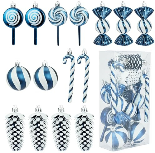 15 Stück Weihnachtsbaum Schmuck Blau, Zuckerstangen Weihnachtsbaum, Glitzer Christbaumschmuck, Weihnachtsbaumanhänger Plastik, Zuckerstange, Bonbon, Kugel, Tannenzapfen für Weihnachtsbaumdeko