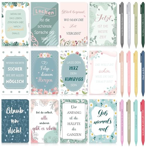 Clabby 12 Sets Dankeschön Geschenk für Kollegin Weihnachten Lehrer Abschied | 12 Inspirierende Notizbücher mit Blumenmuster, 12 Mehrfarbige Motivierend Kugelschreiber, Mini Taschennotizbuch