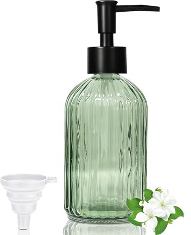GKSCXEXE Dispensador de jabón de cristal de 400 ml, color verde, moderno dispensador de jabón para cocina y baño, dispensador de bomba recargable con bomba de plástico y embudo negro para detergente,