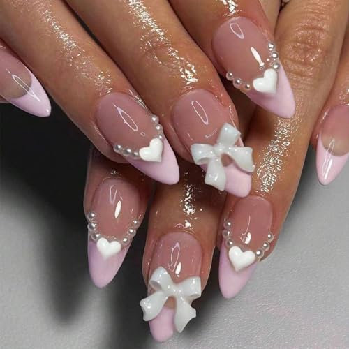 Irikdescia Lot de 24 faux ongles à coller, press-on nails de taille moyenne, couleur nude avec perles et nœuds, manucure française en amande, rose