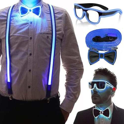 YeahBoom Leuchtende Herren-LED-Hosenträger und Fliege,LED-Leucht-Hosenträger,für Musik Festival,Halloween-Kostümparty,Rave-Party,Weihnachten,Neon-leuchtendes dunkle Party Supplies für Party deko