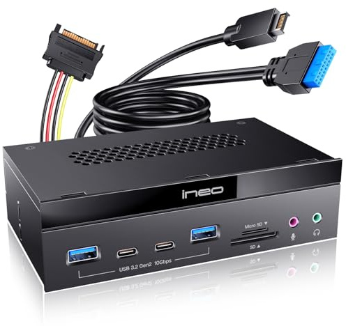 ineo 5.25 10Gbps USB 3.2 Front Panel Card Reader with Audio Ports, Internal SD/microSD Reader, USB 3.2 Type-E Key-A 20 Pin and USB 3.0 Header, 15 Pin SATA Power Supply