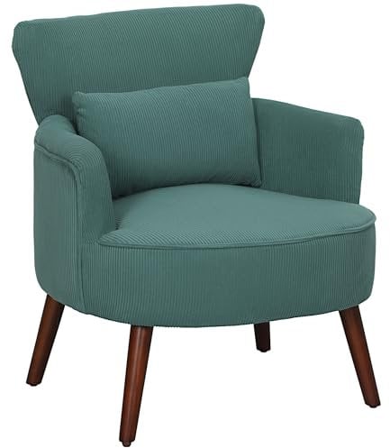 HOMCOM Sessel Loungesessel mit Armlehnen, Polstersessel mit Kissen Armlehnensessel mit Kordoptik, Holzbeine Lesesessel für Wohnzimmer, Schlafzimmer, Dunkelgrün