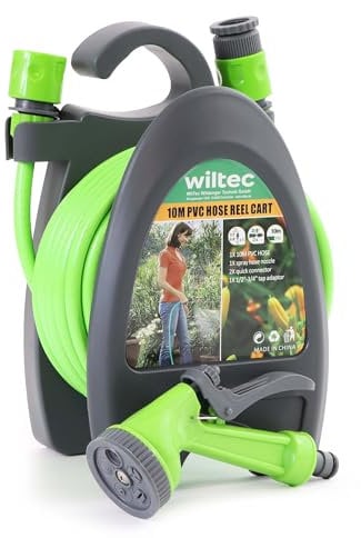 Wiltec Avvolgitubo da giardino portatile, con tubo da 10 m e pistola multigetto, Pompa per irrigazione e pulizia