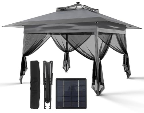KioGro Gartenpavillon 3,6x3,6m, Pop Up Pavillon mit LED Beleuchtung, Höhenverstellbar Faltpavillon mit 4 Moskitonetz, Wasserdicht Stabil Winterfest, Patio Gazebo für 8-10 Personen, Grau