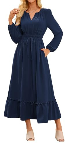 GRACE KARIN Women's Elegant A Line Maxi Dresses for Wedding Party Fashion Long Sleeve Formal Office Work Dress Navy Blue M