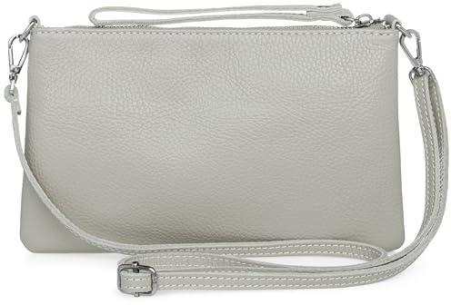 Caspar Kompakte Leder Clutch Damen Umhängetasche Abendtasche mit verstellbarem Schultergurt - CLASSIC LINE - Modell No.834 - Made in Italy, Farbe:hell grau
