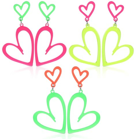 KFHENSOMR 3 Paar Neon Herz Ohrringe, Acryl Neon Ohrringe Y2k Hohle Herzförmige Ohrhänger für Frauen Glow Party Accessoires Geschenke (Hot Pink Orange Grün Gelb)