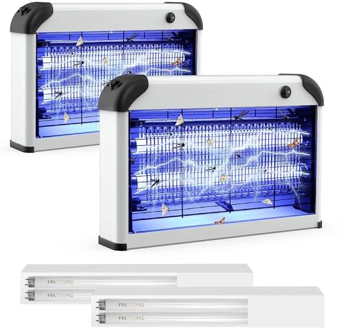 Lampe Anti Moustique, 2PCS Tue Anti Mouche Eléctrique 2400V Grille Double Face, Lampe Anti-Moustique Interieur 20W 2 lumière UV, Tueur d'Insectes Electrique, Fourni avec 2 Lampes UV supplémentaires
