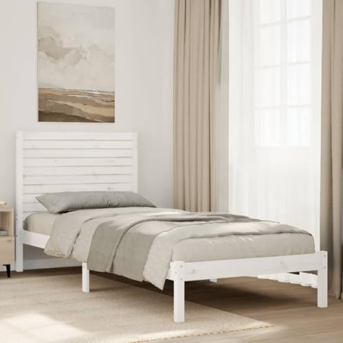PUGYNBK Massivholzbett Extra Lang ohne Matratze Weiß 90x220 cm mit Lattenrost und Kopfteil aus Kiefernholz für optimalen Schlafkomfort und zusätzlichem Stauraum