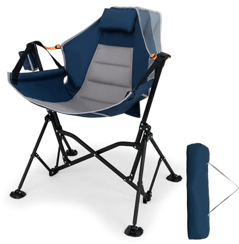 TANGZON Hammock Camping Chair, Folding Swinging Chair Recliner with Adjustable Backrest, Headrest, Cup Holder & Carry Bag, Portable Hiking Seat (No Retractable Footrest, Blue+Grey)