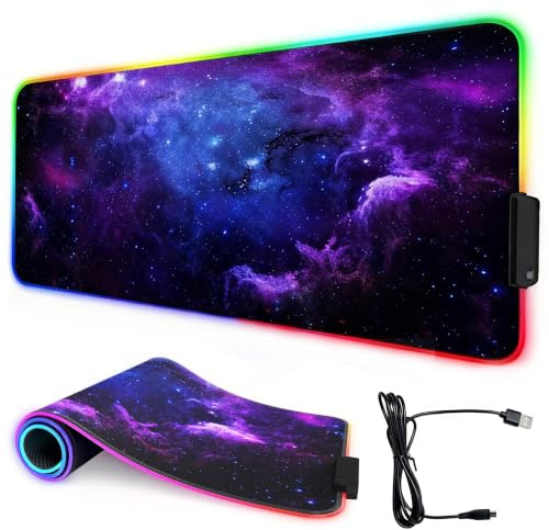 LXLRHH RGB Gaming Mouse Pad, 900x400 mm Large Mouse Mat | 13 Light Modes and USB, Non-Slip Rubber, Waterproof, Thick, LED Keyboard Mat for Gaming, MacBook, PC, Laptop, Desk-Galaxy