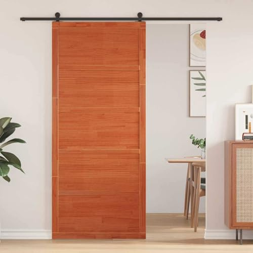 Kaloriko Porta fienile marrone cera in legno di pino massello 100x2,5x208 cm con meccanismo scorrevole porta interna salvaspazio ideale come divisorio montabile stile rustico