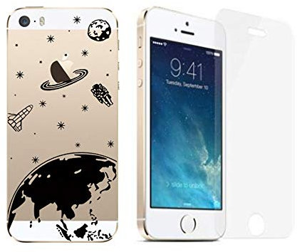 NOVAGO Compatible avec iPhone 5, iPhone 5S, iPhone SE 2016 Pack 2 en 1- Coque Transparente imprimée + 1 Film en Verre trempé résistant - Espace