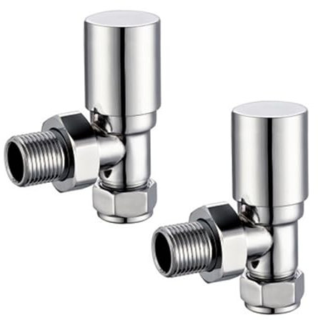 NRG Modern Angled Round Head Chrome Towel Rail Designer Radiator Valves Central Heating Taps One Pair