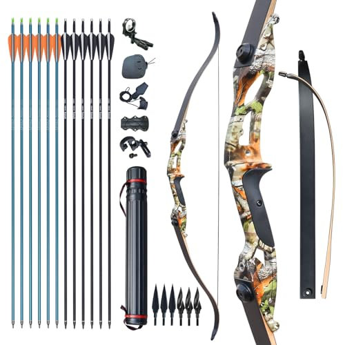 D&Q Recurvebogen Pfeil und Bogen Set 56 Zoll langbogen Rechte Hand Aluminiumlegierung Riser 30-50lbs Jagdbogen für Erwachsene Sportbogen(Tarnung,45lb)…