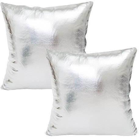 WOMHOPE Set mit 2 dekorativen Kissenbezügen aus metallischem Kunstleder, quadratisch, für Sofas, Couch, 45,7 x 45,7 cm (2 Stück Silber)