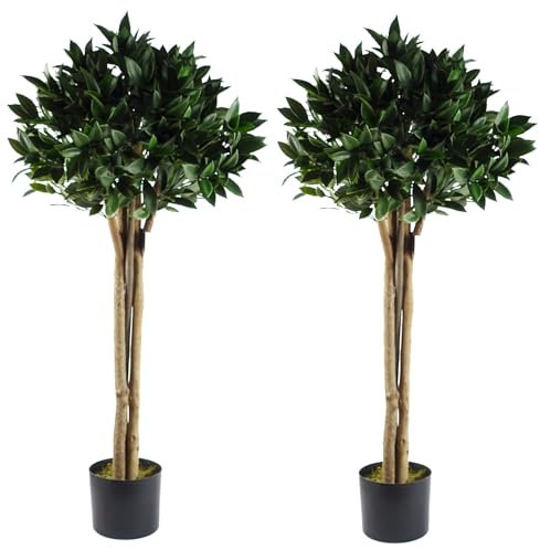 Leaf Pair of 120cm (4ft) Tall Luxury Artificial Bay Laurel Trees Topiary Ball, Green Deluxe, Wood