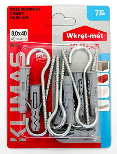 WX (BS-08) Lot de 7 chevilles 8 x 40 mm avec col et crochet pour corde à linge