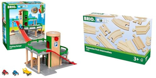 BRIO World 33204 - Parkhaus, Straßen & Schienen & Bahn 33402 - Mittleres Schienensortiment - 16 Gleise aus Buchenholz für die BRIO Holzeisenbahn - Empfohlen für Kinder ab 3 Jahren