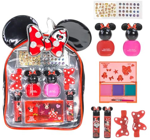 Disney Minnie Mouse - Townley Girl - Juego de maquillaje cosmético para mochila que incluye brillo de labios, esmalte de uñas y accesorios para el cabello para niños y niñas de 3 años o más
