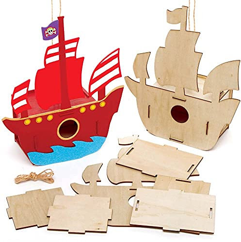 Baker Ross FE357 Vogelhaus-Set, Piratenschiff aus Holz, Holzhandwerk-Aktivitäten zum Bemalen und Dekorieren für Kinder, Kunst und Handwerk oder Gartenprojekte, 2 Stück