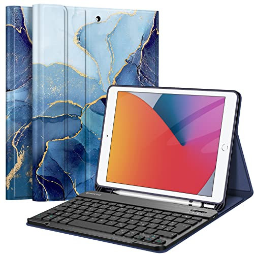 FINTIE Tastatur Hülle für iPad 10.2 Zoll (9/8/ 7 Generation - 2021/2020/2019), Schutzhülle mit TPU Rückschale, Pencil Halter und magnetisch Abnehmbarer Tastatur mit QWERTZ Layout,Ozean Marmor