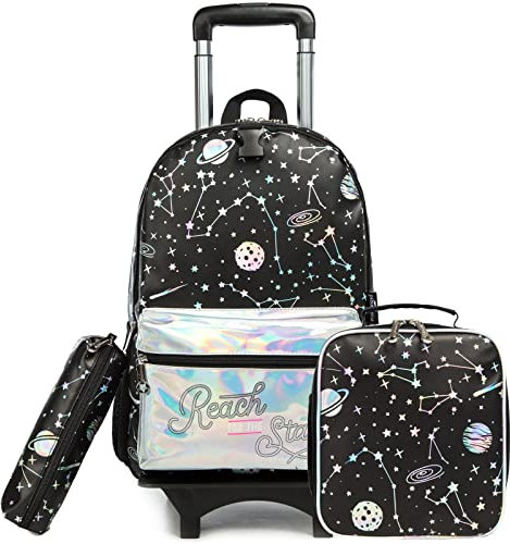 Egchescebo Rucksack Mädchen Schulranzen Trolley Schulrucksack Teenager 5PCS 16” Kinder Schultrolley Geeignet für Schule und Reise,Abnehmbarer rosafarbener Panda-Trolley-Rucksack (Schwarz-G)