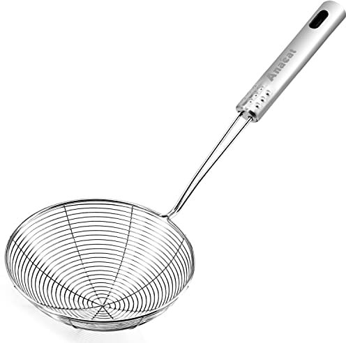 ANAEAT Espumador de araña de acero inoxidable de 5.5 pulgadas, cuchara profesional para pasta de cocina con mango largo, cucharón de colador asiático, cucharón de alambre para cocinar y freír
