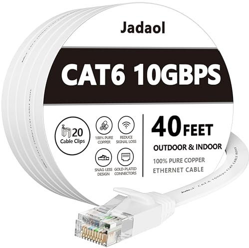 Jadaol Cat 6 Ethernet Cable 40 ft, Outdoor & Indoor 10Gbps Support Cat8 Cat7 Network, Flat RJ45 Internet LAN Computer Patch Cable for Router, Modem, Switch, Gaming Consoles, Streaming Devices, White