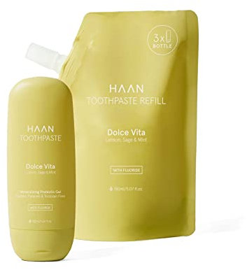 HAAN - Nachfüllpackung + Whitening Zahnpasta Dolce Vita mit Fluorid 150+50ml - Vegan und nachfüllbar - Zitrone & Pfefferminzgeschmack