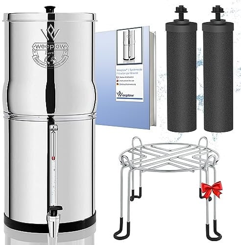 Weeplow® Earth - Système de Filtration d'Eau par Gravité 8,5 Litres AISI 304 avec 2 Eléments de Purification O'Pure 2, Robinet avec Niveau d'Eau et Support Inox Offert
