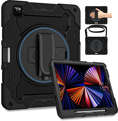 ROSROME for iPad Pro 12.9 Case 6th Generation 2022 with Screen Protector for Kids,Heavy Duty Shockproof iPad Pro Case 12.9 Inch 5th 4th 3rd Gen with 360 Kickstand Hand Strap Pencil Holder