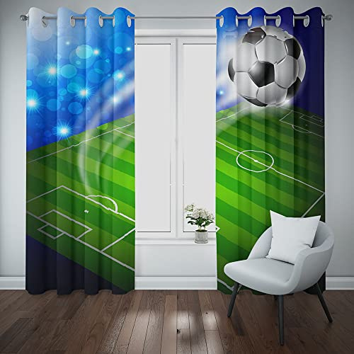 MUZHILI Football Curtains Eyelet Blackout Thermal Insulated Window Drapes with Sports Theme Flame Soccer Print Pattern for Kids Boys Bedroom Living Room (W168cm (66) x D137cm (54))