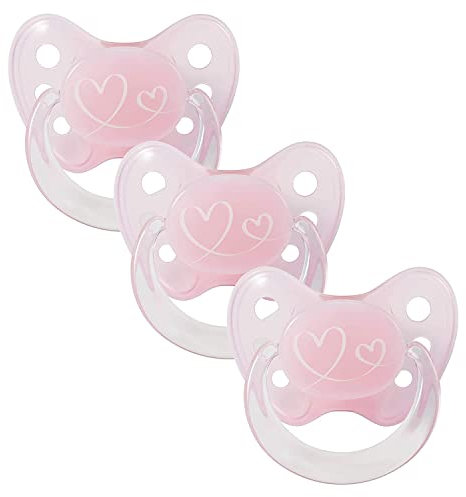 dentistar Latex Schnuller 3er-Set - Größe 2, 6-14 Monate - Zahnfreundlicher Naturkautschuk Nuckel mit Dentalstufe – BPA-frei - Made in Germany - Herz, Rosa