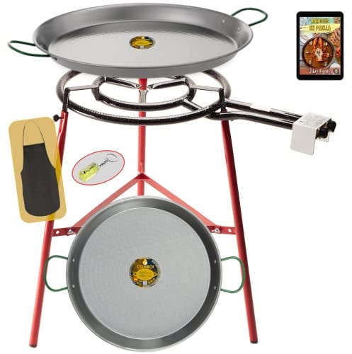 COMBOI Paellero gas butano 50 cm Kit Quemador, paellera de 60 cm + paellera 42 cm, Soporte Patas reforzadas, nivel, delantal, libro de recetas digital