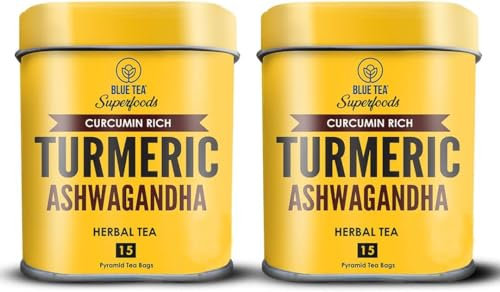 BLUE TEA - Turmeric Tea - Turmeric and Ashwagandha | 15 Biodegradable Tea Bag - Plant Based (Pack of 2) | INDIAN SUPERFOOD | Curcumin Rich - Herbal Tea | Vegan | Caffeine-Free | Tin Packaging